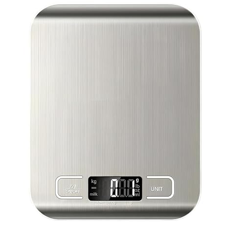 Dijital Mutfak Terazisi - Paslanmaz Çelik Yüzeyli Hassas Mutfak Tartısı - Dara İşlevi, LCD Ekran, 5 Birim Dönüştürme ve Otomatik Kapanma Özellikli Tartı (YÜKSEK KAPASİTE)