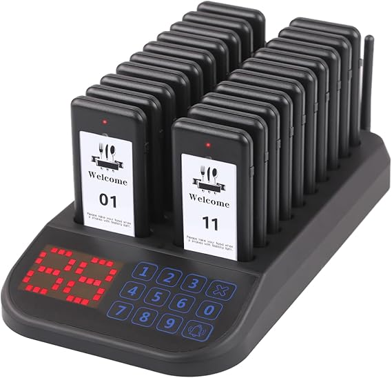 Restaurant Pager System, 20 Beepers, Wireless Calling System Customers Waiting Beepers for Queue in Restaurants Food Truck Churches Hospital Hotel Bar Eatery with Vibration Flash and Buzzer