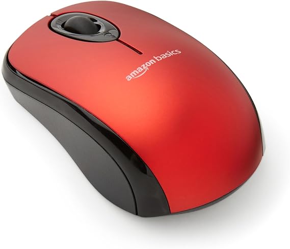 Amazon Basics Wireless Computer Mouse with USB Nano Receiver – Red