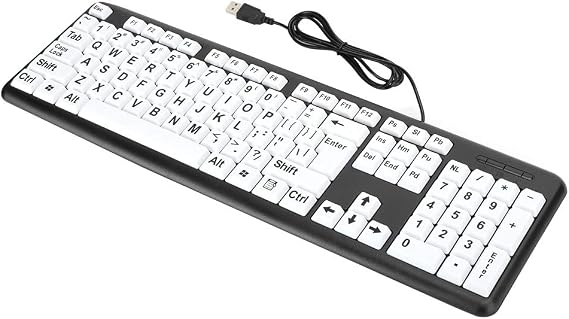 Zopsc-1 Wired USB Keyboard, Black with White Large Print Keys, Low Vision, Computer Keyboard