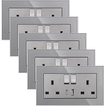 CNBINGO 5 Pack Double Socket with USB, Double Plug Sockets with Glass Panel Grey Wall Outlet Electric Socket
