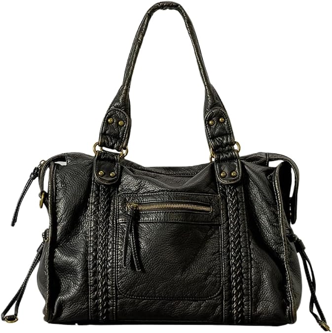 Women Hobo Handbag Washed Leather Shoulder Bag Retro Purses Travel Top-handle Bag Work Crossbody Satchel Black