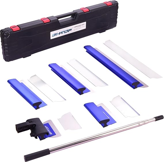 Drywall Tools Skimming Blade with Extension Handle - 7", 10" 14 16 & 24" Blades Extruded Aluminum 301 Stainless Steel Construction Tools End Caps, Wall-Board with 0.5mm&0.35mm Thickness Blue