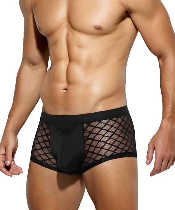 Casey Kevin Mens Sexy Underwear Lace Boxer Briefs See Through Trunks | Breathable Men's Boxer Shorts, Mesh Underpants Short, Stretch Boxers for Sports Running Gym Daily