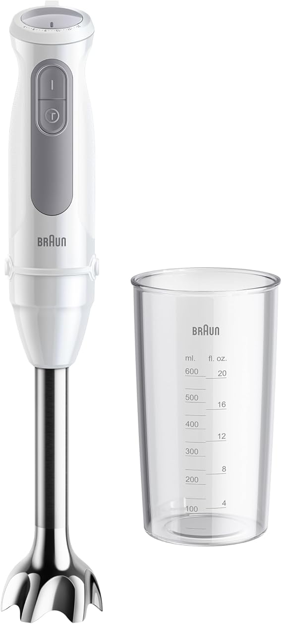 Braun MultiQuick 5 MQ 50001 M Hand Blender 1000 W 21 Speed Levels + Turbo Stainless Steel Puree Base Easy Click System Splash Control Includes 600 ml Beaker White