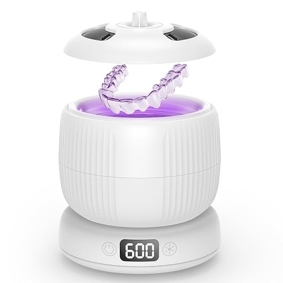 2025 Upgraded Ultrasonic Retainer Cleaner Machine,Separate Retainer Cleaner for Night Guards, Braces, Aligner, Toothbrush, Jewelry, 4 Modes Denture Cleaner & Removable Base and Top Cover(White)