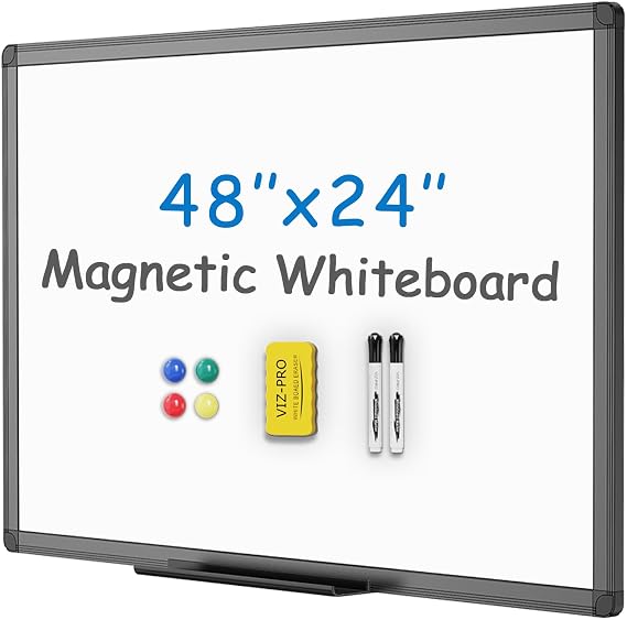 VIZ-PRO Magnetic Dry Erase Board, 48 x 24 Inches, Black Aluminium Frame | Includes 1 Eraser, 2 Markers & 4 Magnets, Wall Mounted Whiteboard for School Office and Home