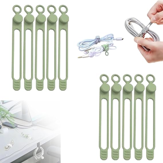 Silicone Cable Ties, New Data Cable Organizer Silicone Cable Ties Reusable Cable Management Organizer Multipurpose Cable Management for Travel/Portable/Office/Home Desk (Green, 10 Pcs)