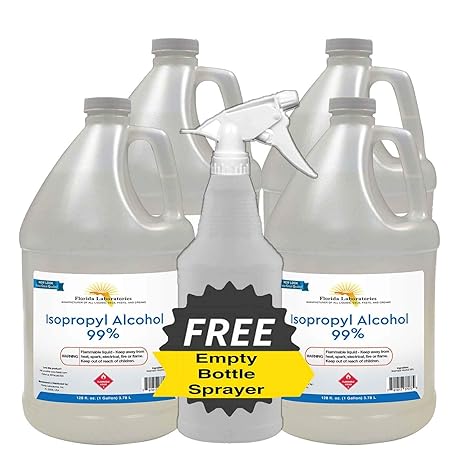 Isopropyl Alcohol 99% Anhydrous, 4 Gallon Pack, Empty Spray Bottle Included
