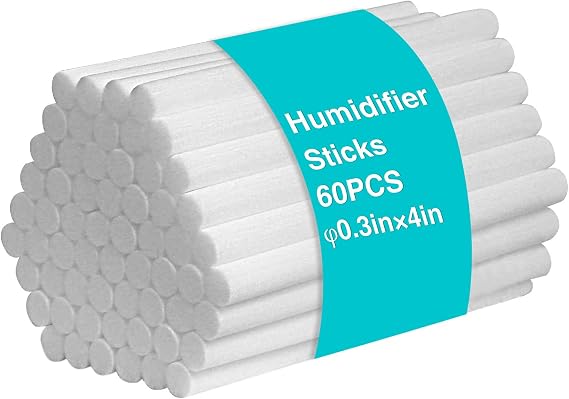 Cotton Humidifier Filter Sticks (60PCS) - 0.3" Universal Fits Mini Diffusers, Rapid Absorption Replacement Wicks for Cool Mist USB Humidifiers in Home, Bedroom, Office (White, 0.3"4")