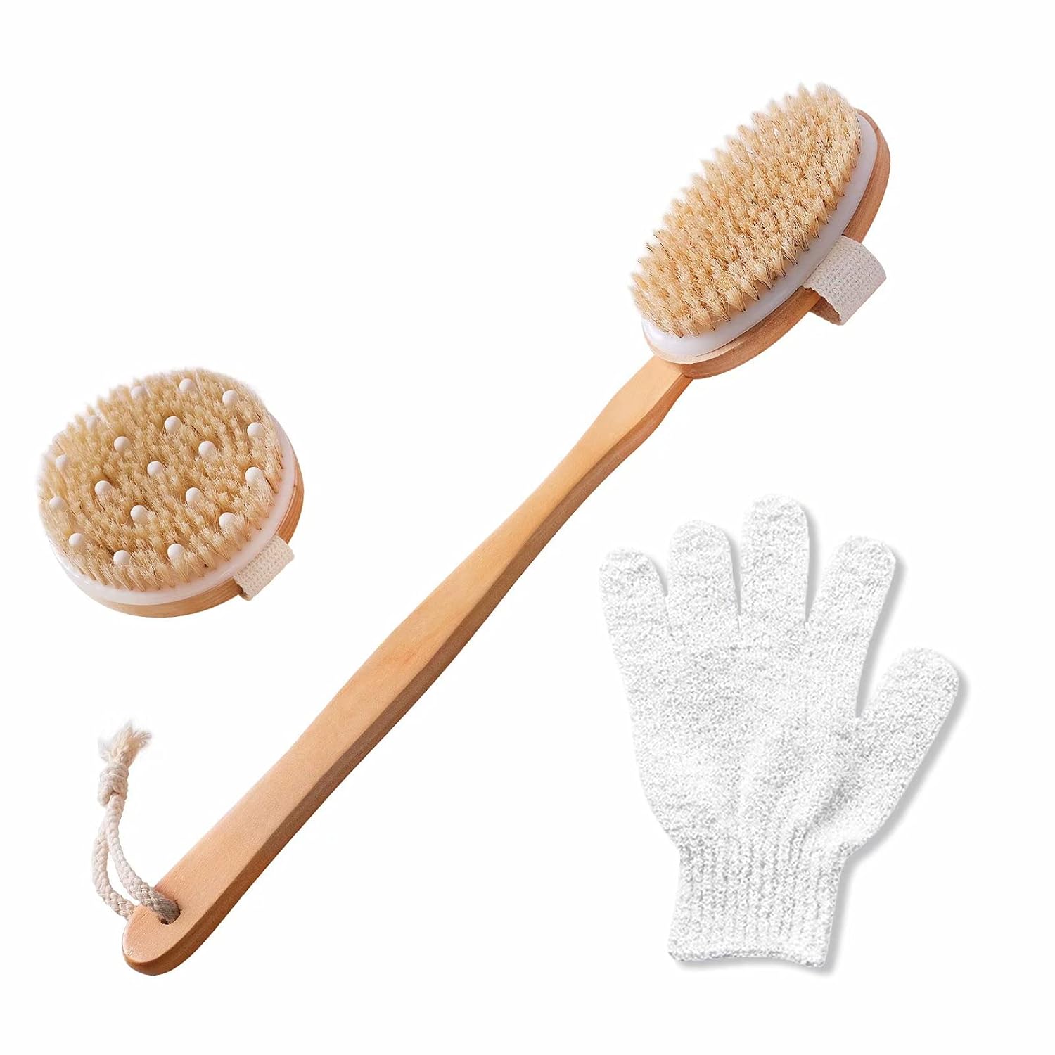 Dry Brushing Body Shower Brush - Detachable Long Handled Scrub Brush for Lymphatic Drainage Showering,Back Bath Brush Set for Dry Brushing Natural，Body Brush with Exfoliating Glove for Women & Man