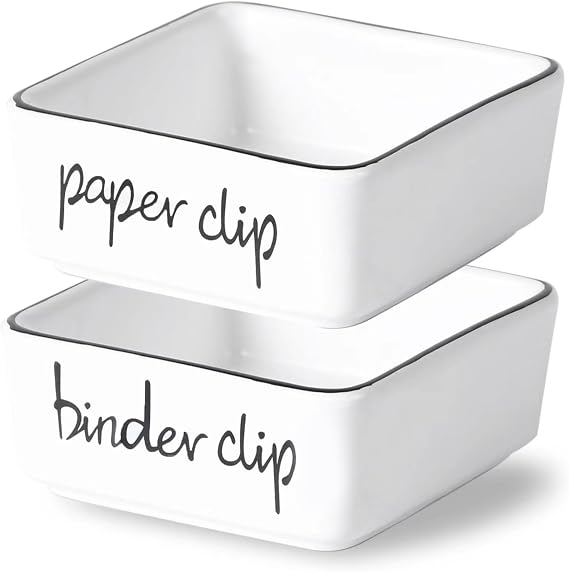 ONTUBE Farmhouse Square Paper Clip and Binder Clip Holders,Ceramic Binder Clip Dispenser Organizer for Desk, Cute Office Push Pins Holder, 3.3-Inch (White)