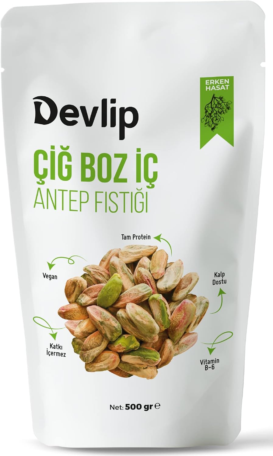 Devlip Early Harvest Grey Raw Inner Pistachios, 500 GR, Locked Open-Close Packaging, Vegan