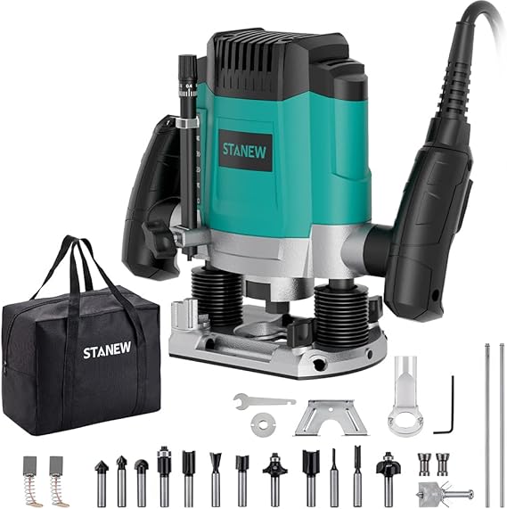 STANEW Router 1200 W 16000-30000 RPM,Professional Vertical Fresatrice with Set of 12 Cutters, 6 Speeds, Routing Depth Adjustment.
