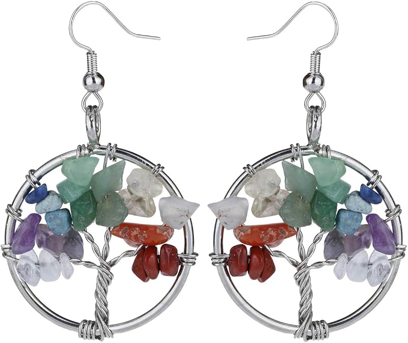 YACQ Natural Gemstone Tree Dangle Drop Earrings Handcrafted Jewelry for Women