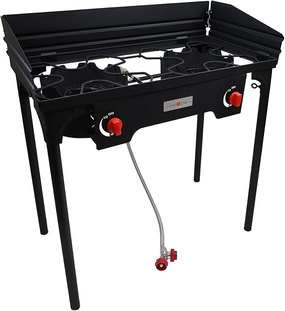 Gas One Propane Double Burner Two Burner Camp Stove with Windscreen Outdoor High Pressure Propane 2 Burner Adjustable PSI Regulator and 4ft Steel Braided Hose With Removable Legs