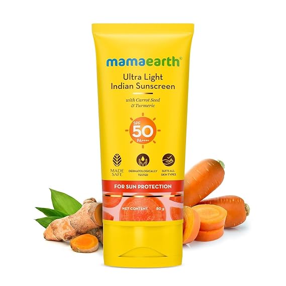Mamaearth Ultra Light SPF 50 Sunscreen with PA++++ | Gives Broad Spectrum Protection | Moisturizes with Turmeric & Carrot Seed | Lightweight & Long Lasting | 2.71 Fl Oz/80 ml