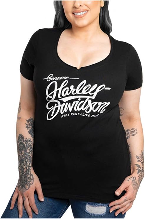 Harley-Davidson Women's Crackle Notched V-Neck Short Sleeve Tee - Black