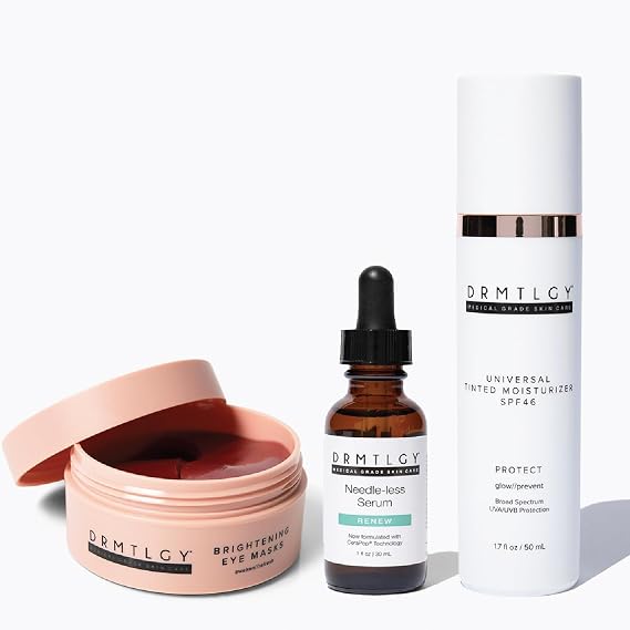 DRMTLGY Best Sellers Bundle: Brightening Eye Masks, Needle-less Serum, Anti-Aging Tinted Moisturizer with SPF 46