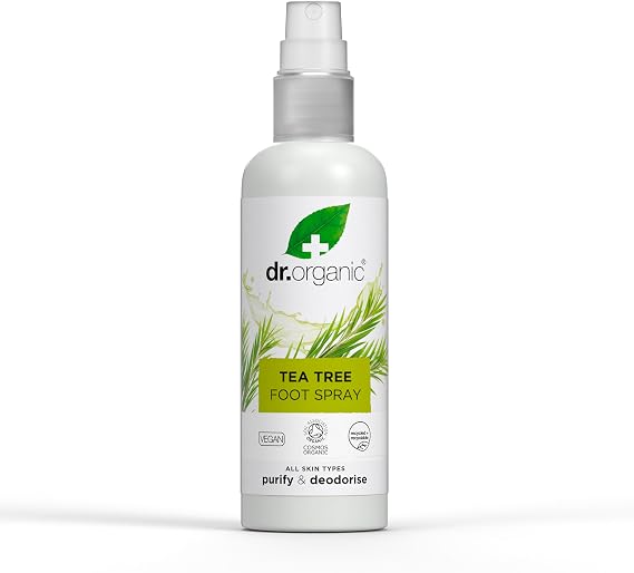 Dr Organic Tea Tree Foot + Shoe Spray, Deodorise, Freshen Footwear, Purifying, Quick Drying, Aluminium Free, with Natural Peppermint Oil, Vegan, Certified Organic, 100ml