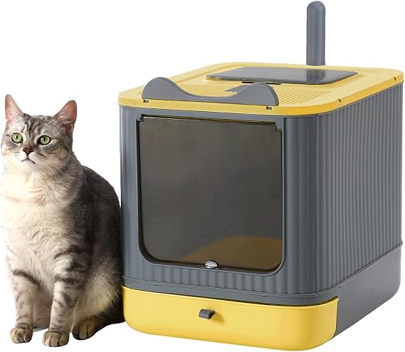 Foldable Enclosed Cat Litter Box with Lid, for Kitten to Medium | LCZLBRRD, Fully Enclosed, Anti-Splash, Easy Clean, Easy Install, Odor Control, 3 Modes for Kitten to Senior, Yellow&Grey
