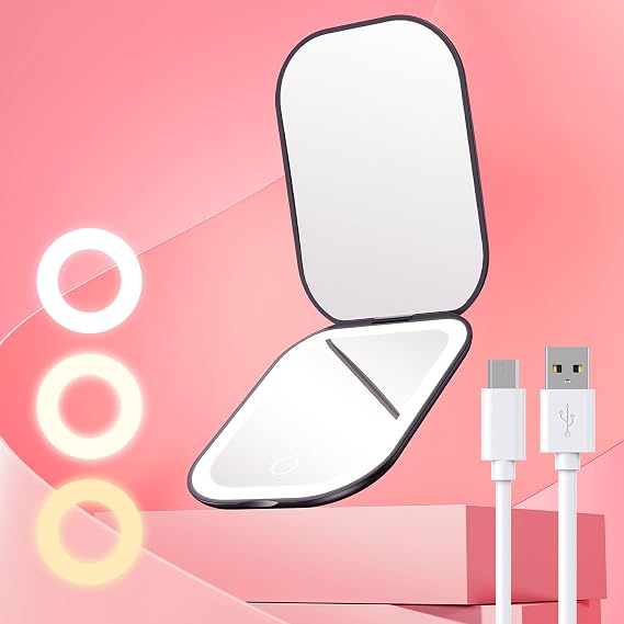 Gospire Handheld 4.1 x 2.95 inches Travel Makeup Mirror, Ultra-Slim Lighted Rechargeable 3X Magnifying Mirror with 3 Light Colors & Adjustable Brightness for Women - Black | 3X Magnification, Rechargeable Magnifying Mirror, 3 Light Colors, Adjustable Brightness, LED Compact Mirror for Purses