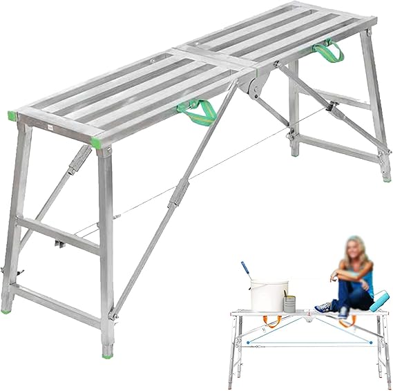 Folding Scaffolding Equipment, Portable Galvanized Steel Welding Scaffolding, Multipurpose Work Platform Scaffold Tower Ladder Stool Work Bench, 880 lbs Maximum Load,140cm