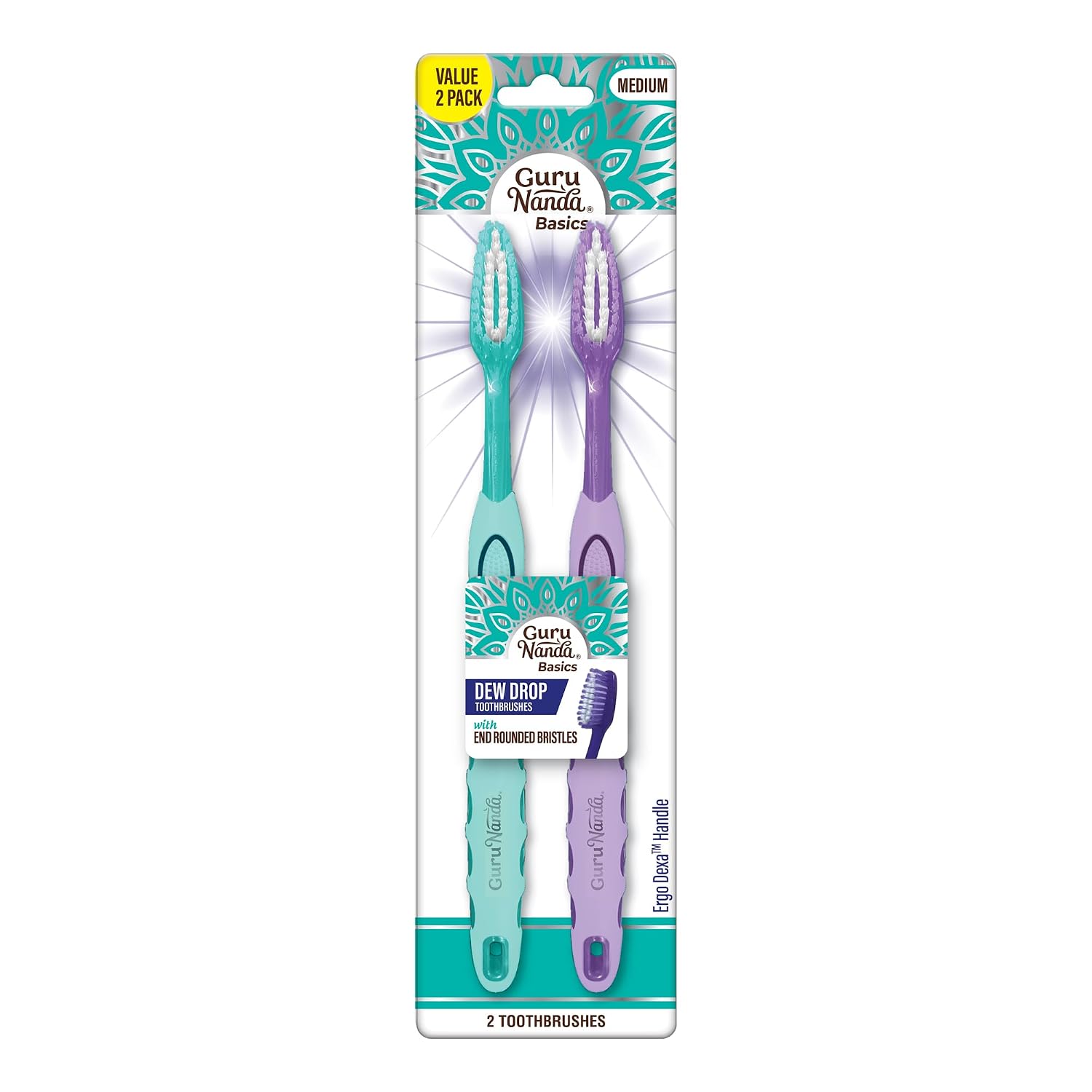 GuruNanda Dew Drop Toothbrushes - Medium Bristles for Deep Cleaning - Gentle on Teeth & Gums - Ideal for Kids & Adults - Pack of 2
