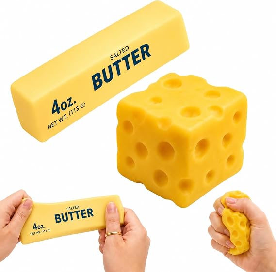 2 PCS Butter and Cheese Squishy Toys, 1 PCS Squishy Butter Stick and 1 PCS Cheese Cube, Soft Slow Rising Food Squeeze Toy, Stress Relief Fidget Toy for Kids Adults