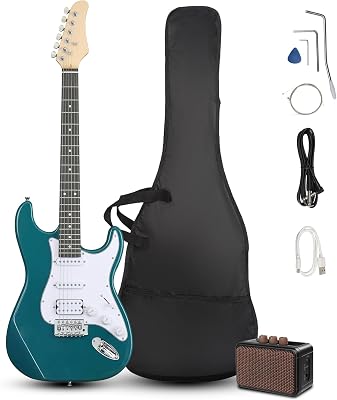 Ktaxon Full Size Electric Guitar Kit with AMP, 6 String HSS Pickups Solid-Body 39 Inch Electric Guitars Set for Beginner & Adults WGig Bag, Strap, Extra Strings, Lake Blue