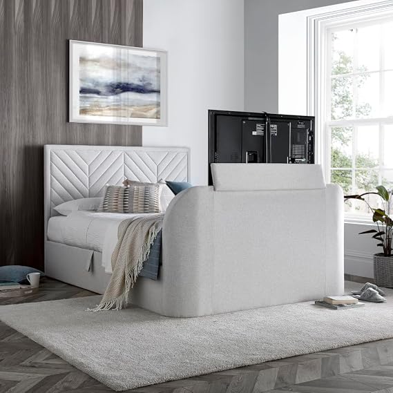 happybeds Sherlock Natural Fabric Ottoman TV Bed, 6ft Super King, TV Lift | 6ft Super King, Fabric Ottoman TV Bed, Gas-Lift Storage, Natural, TV Lift Mechanism, Remote Control, Modern Design