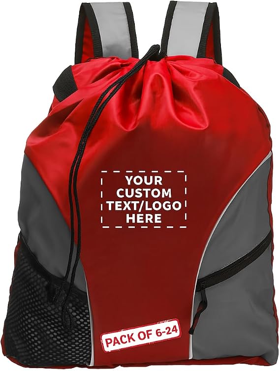 DISCOUNT PROMOS Custom Sporter Drawstring Backpacks Set of 6/12/24, Personalized Bulk Pack - Compact, Lightweight, Unisex Backpack - Red