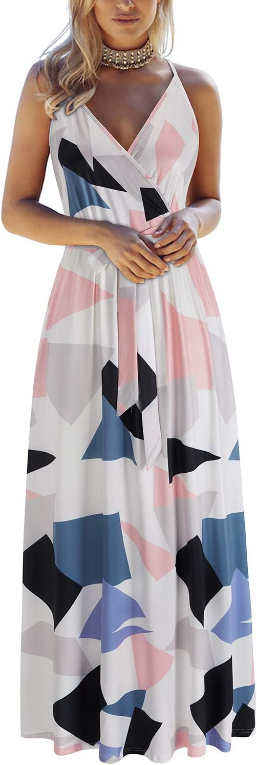 OUGES Womens Summer Maxi Dress V Neck Floral Adjustable Spaghetti Strap Beach Dresses with Pockets