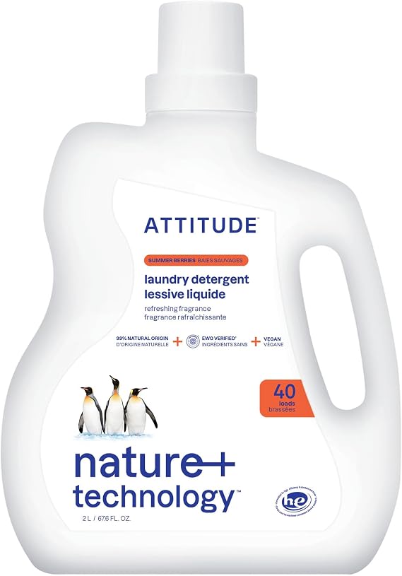 ATTITUDE Liquid Laundry Detergent, EWG Verified, HE Compatible, Plant-Based & Vegan, Natural Laundry Soap, Summer Berries Scent, 40 Loads, 2 Liters