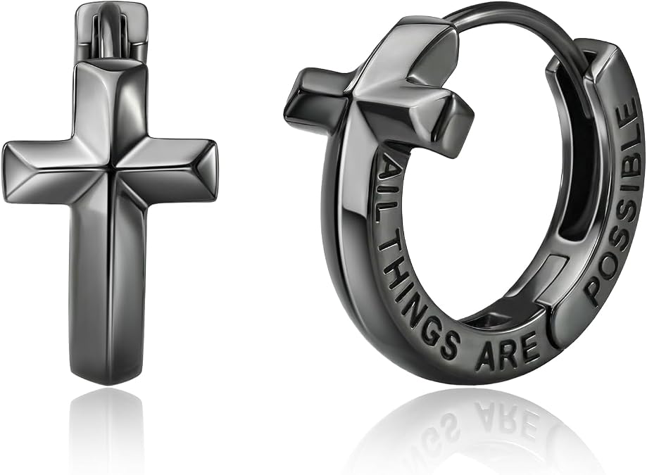 Cross Hoop Earrings for Men Sterling Silver Post Celtic Knot Viking Earring
