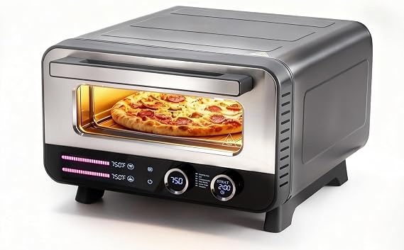 OLIXIS 1600W Pizza Oven Indoor, Electric Pizza Oven Countertop | 6 Presets for 12 Inches Pizza, Fast Heating, Stone, Spatula, Upper-Bottom Independent Temperature Control, Black