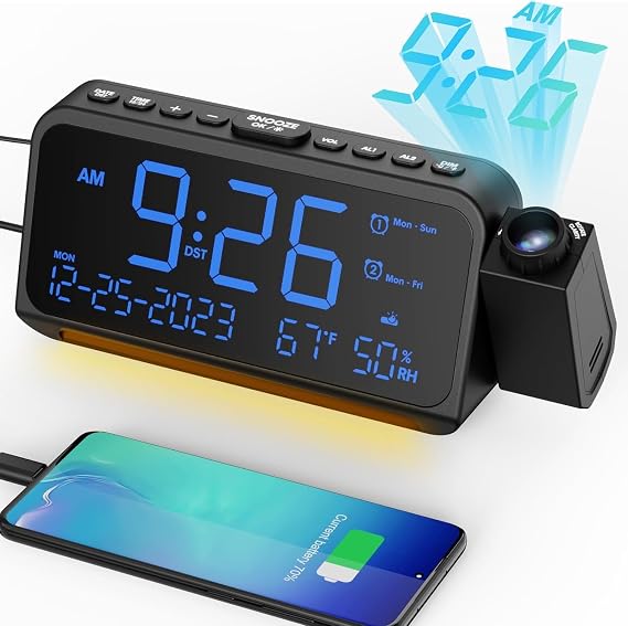 Digital Clock, Wall Projection, Ceiling Projection Desk Clock, Projection Clock, 350° Projection Angle Support & 180° Flip Possible, Temperature・Humidity・Calendar Display, 5-Level Brightness