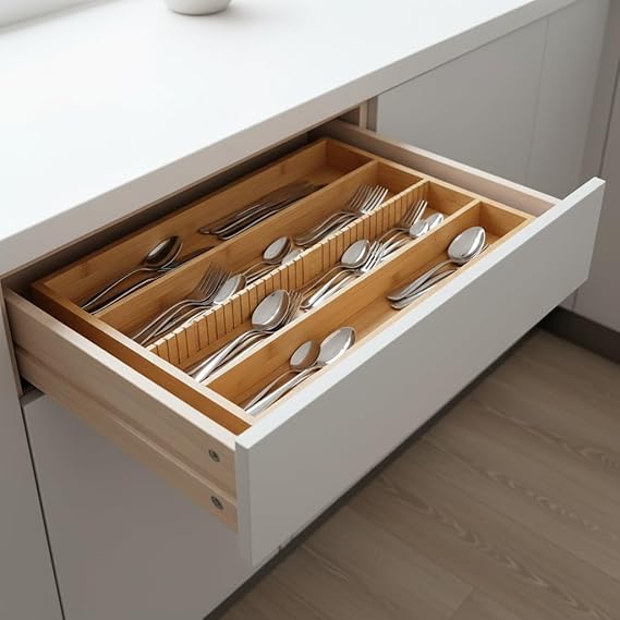 Deconox Bambu Çekmece İçi Düzenleyici (37.5x25x4 cm) | 4 Bölmeli, Hareketli Ayırıcılar | Kaşıklık, Dikiş, Ofis ve Mutfak Organizeri