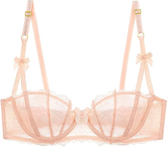 Women's Lace Unlined Balconette Demi-Cup Underwire Sheer Bra