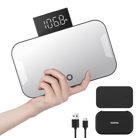RENPHO Travel Scale with Mirror, Rechargeable, LED Display, 8.98" x 5.28"