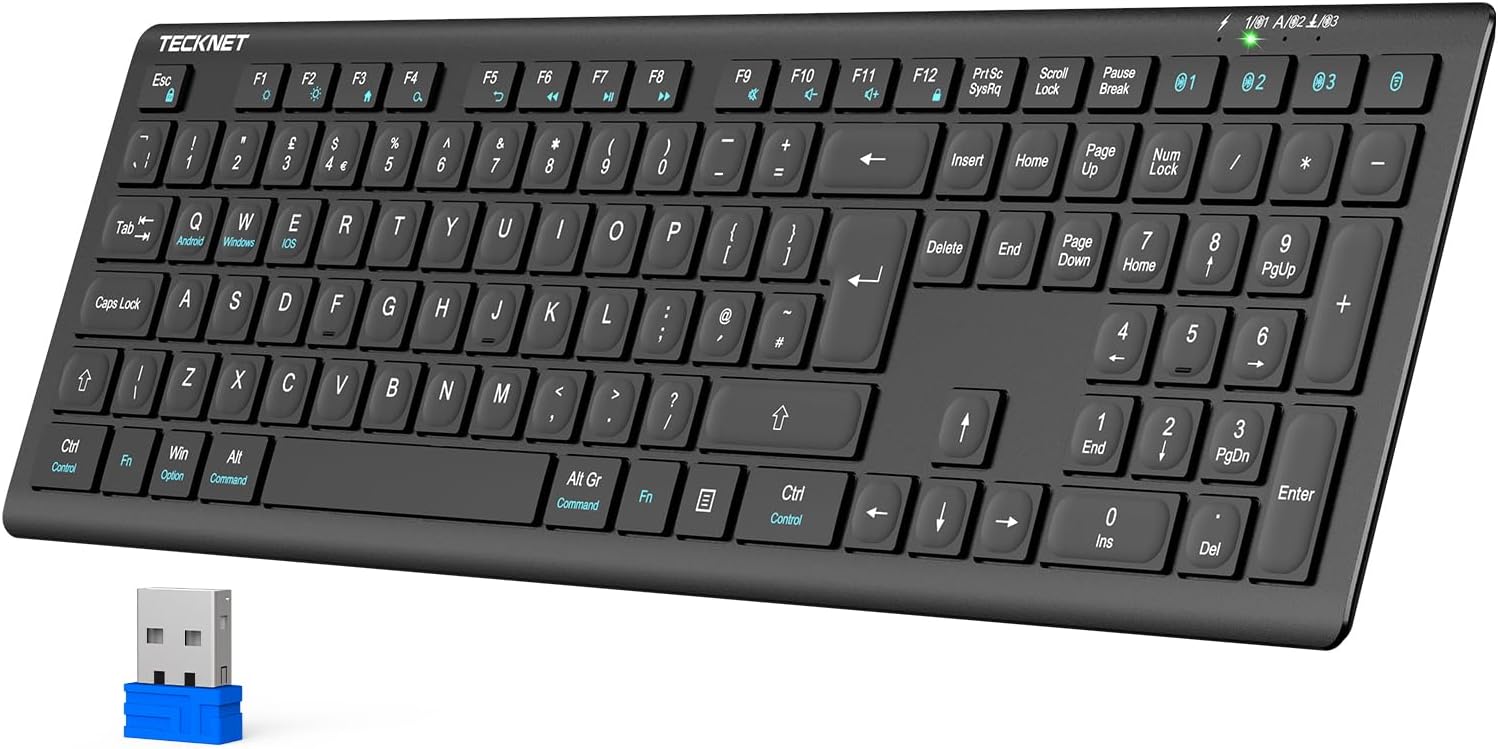 TECKNET Wireless Keyboard, Rechargeable 2.4GHz USB Bluetooth Keyboard for 4 Multi Devices, Ultra Slim Full Size UK Layout Keyboards for Computer, Laptop, Tablet, Desktop, Phone (Black)