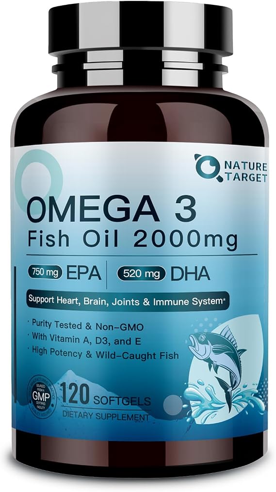 NATURE TARGET Omega 3 Fish Oil 2000mg with Vitamin D3, A, E, 120 Softgels