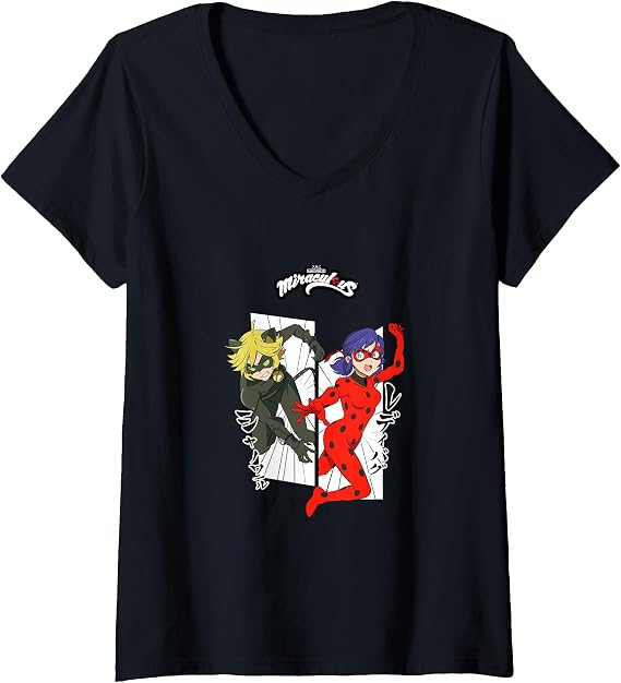 Womens Miraculous Ladybug Cat Noir Manga 2 V-Neck T-Shirt