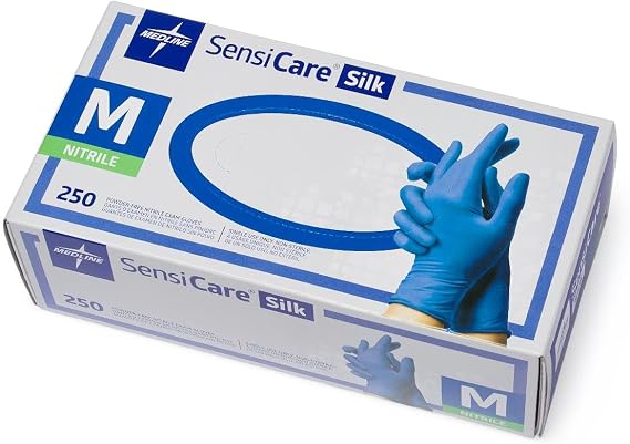 Medline SensiCare Silk Powder-Free Nitrile Exam Gloves, Size Medium, Box of 250