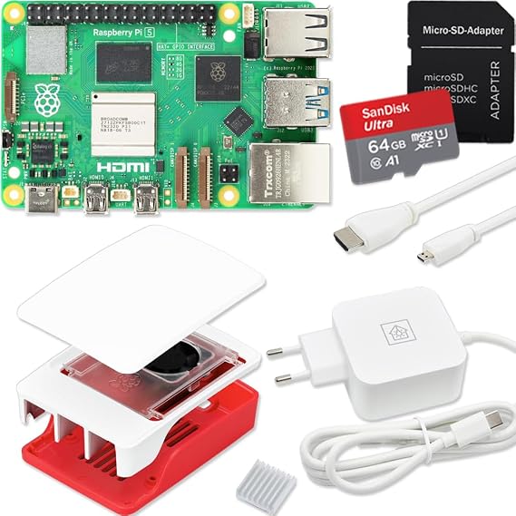 Raspberry Pi 5 4 GB Starter Kit USB-C 27 W Power Supply Case with Fan 64 GB SD Card 4K Micro HDMI Cable Red White