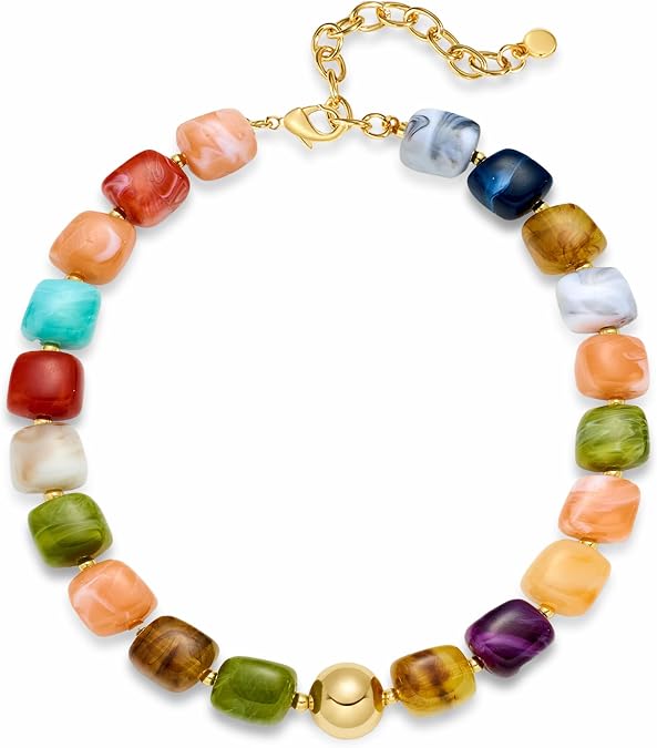 Multicolor Beaded Necklace,Chunky Cube Beaded Statement Necklace, Boho Resin Choker Necklace for Women,Lightweight & Cool, Suitable for Beach, Vacation, Daily Wear & Summer Parties