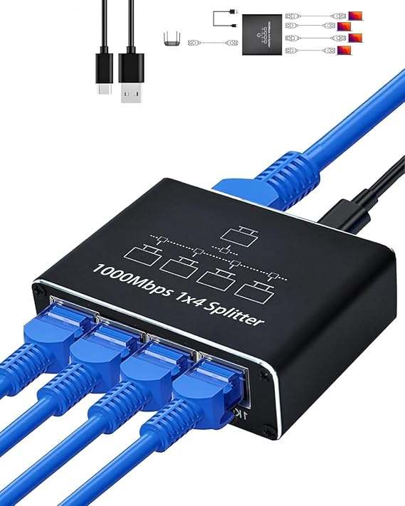 Ethernet Splitter 1 to 4, 1000Mbps High-Speed Network Distributor with USB Power, Supports 4 Devices Simultaneously