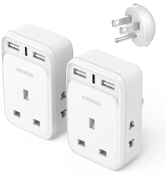 UK to US Plug Adapter 2 Pack, AODENG USA Travel Adapter with 2 Shaver Adapter, 1 UK 3-Pin Plug and 1 Type C Port & 2 USB Ports(Total: 5V/3.4A) American Plug Adapter for Canada, Mexico