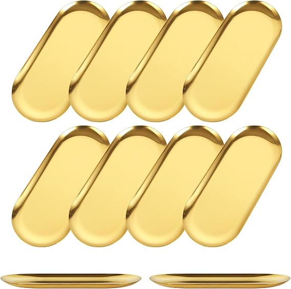 AKOLAFE 10PCS Stainless Steel Serving Tray Set Gold Platters for Serving Food Extra Small Metal Trays Decorative 7" Long Plate Oval Storage Trays Thickened Serving Dishes for Party Buffet Sushi Snack