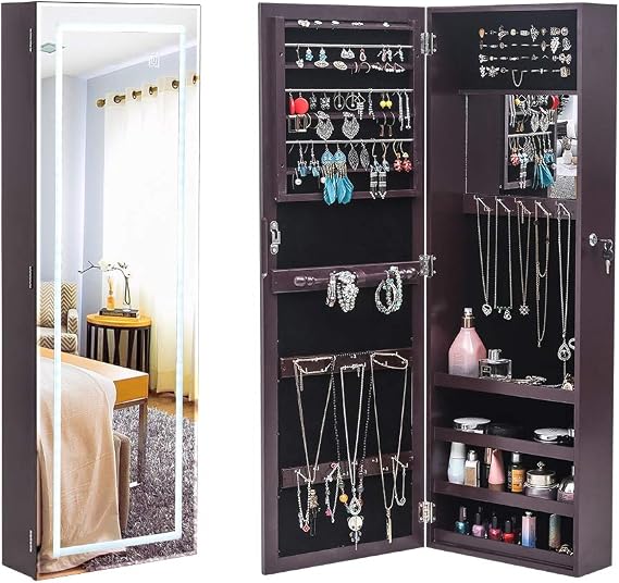 Jewelry Cabinet, Full Mirror Cabinet, Wooden Wall Mounted 4-Layer Shelf,,nner 3-Color LED Light Jewelry Storage With Drawers, Wall-MountDoor-Hanging Armoire (Brown)